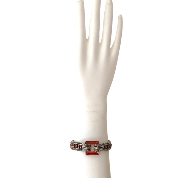 bracelet 7" strand glass seed beads handmade w/square glass clasp silver red - Picture 1 of 16